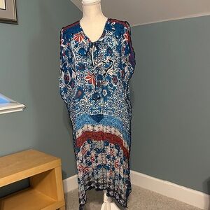 Johnny Was Blue Floral Boho Maxi Dress with Red Accents